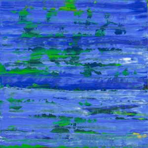 blue sky with green earth both flattened vertically on the painting surface